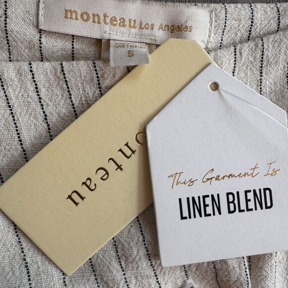 NWT Monteau Mini Dress Small Cream Pinstripe Button Linen Blend Preppy Cottage - Picture 7 of 9